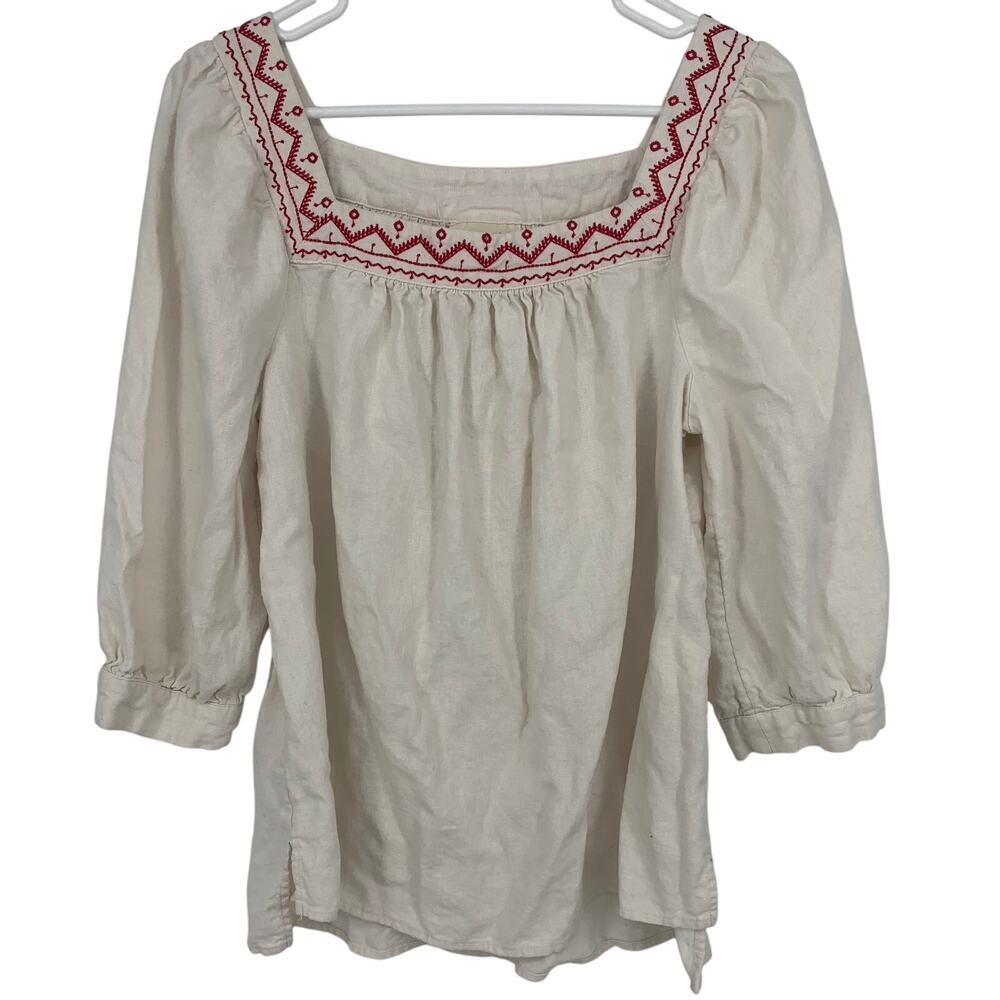 Universal Thread Women's Cream Square Neck Red Embroider 1/2 Sleeve Blouse Med